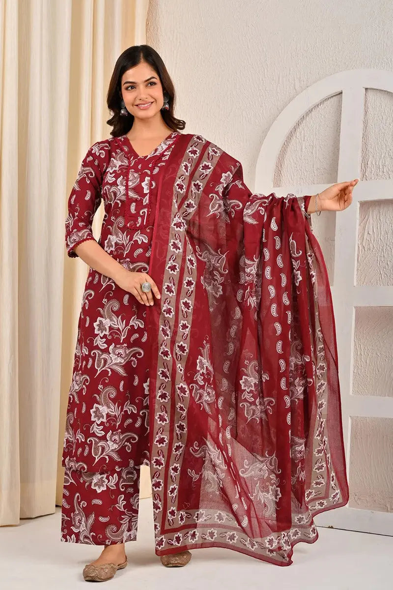 Maroon Floral Printed Cotton Kurta Set with Print Dupatta KSF