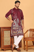 Maroon Purple Cotton Silk Embroidered Kurta Pajama Set - Traditional Wear VA