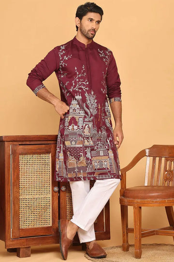 Maroon Purple Cotton Silk Embroidered Kurta Pajama Set - Traditional Wear VA