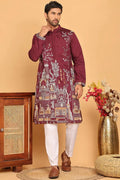Maroon Purple Cotton Silk Embroidered Kurta Pajama Set - Traditional Wear VA