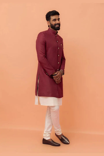 Maroon & White Indo-Western Sherwani with Gold Buttons RTI