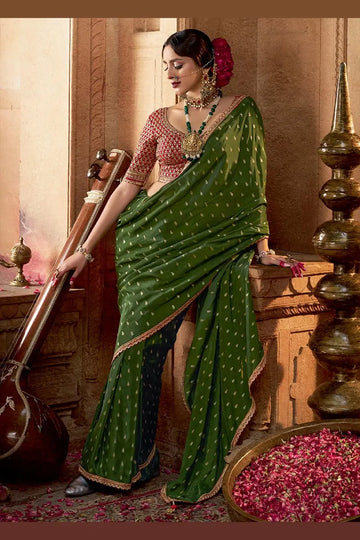 Mehendi Green Handwoven Banarasi Saree with Lemon Embroidered Blouse VA