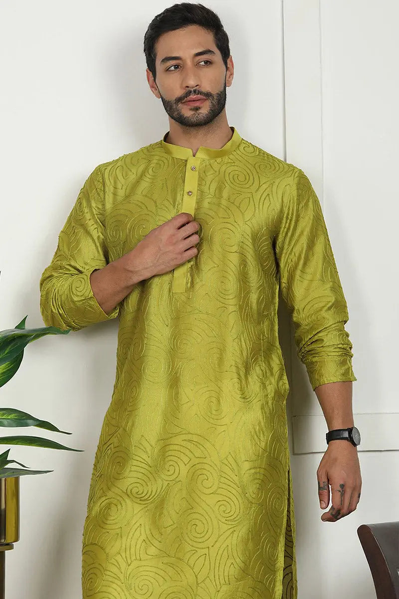 Mehendi Green Jacquard Kurta for Men – Festive & Formal Wear KSF
