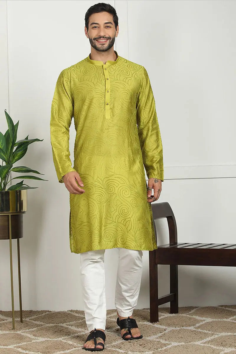 Mehendi Green Jacquard Kurta for Men – Festive & Formal Wear KSF