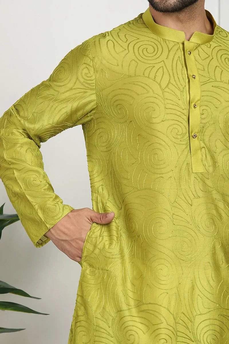 Mehendi Green Jacquard Kurta for Men – Festive & Formal Wear KSF
