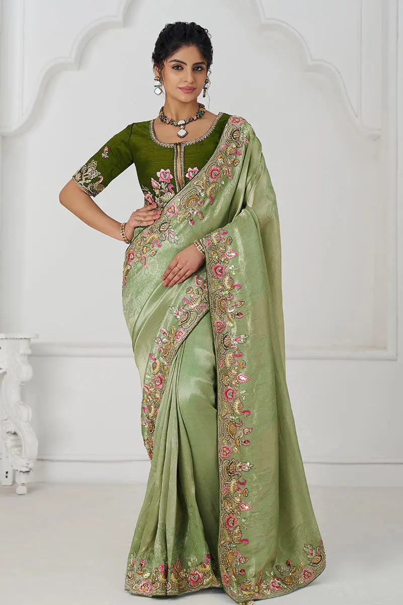 Mehendi Green Saree with Multi-Thread & Sequin Embroidery – Perfect for Weddings KSR