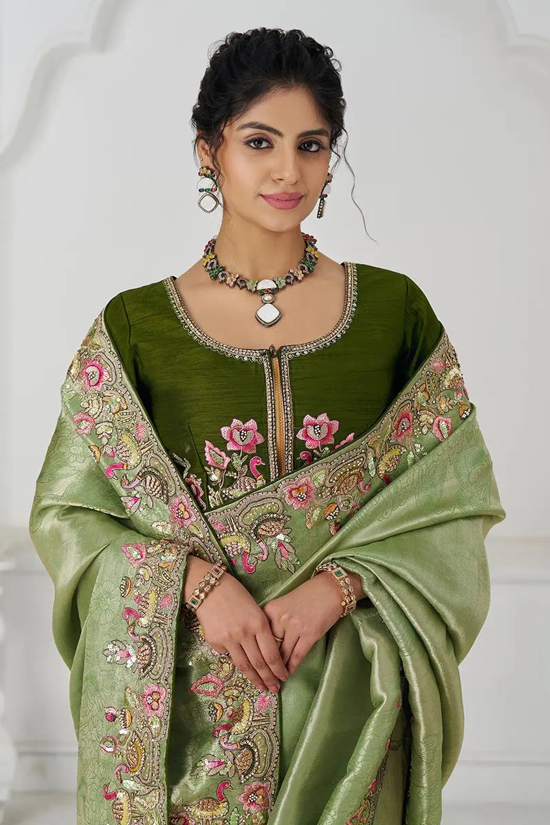 Mehendi Green Saree with Multi-Thread & Sequin Embroidery – Perfect for Weddings KSR