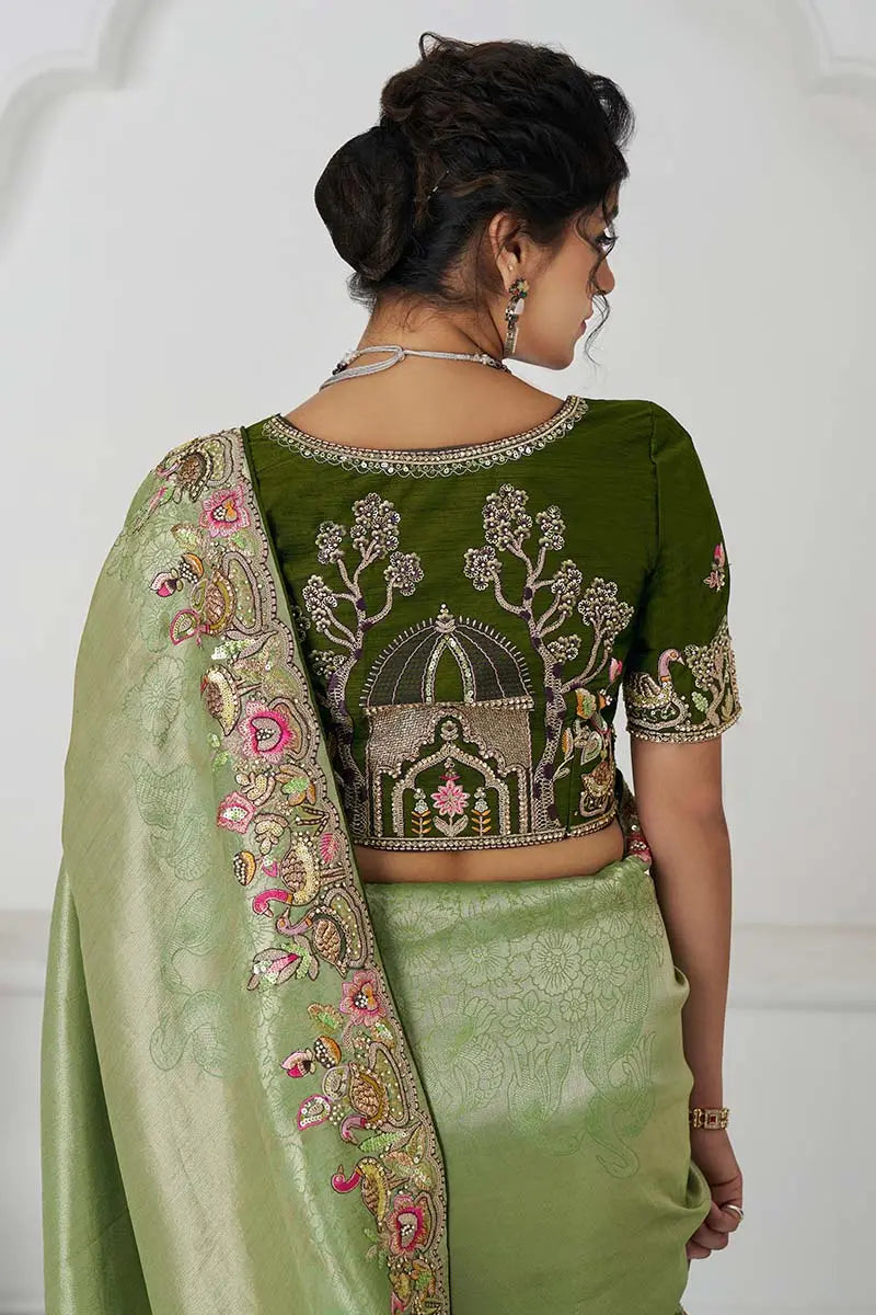Mehendi Green Saree with Multi-Thread & Sequin Embroidery – Perfect for Weddings KSR