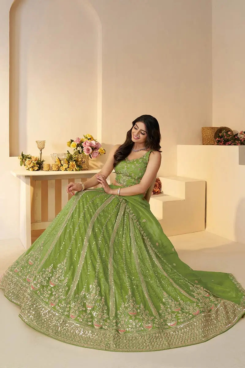 Mehendi Lehenga for Brides – Indian Lehenga with Sequins & Cut Dana Work KSR