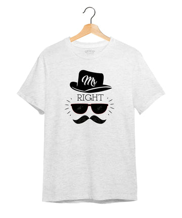 "Mr. Right" Printed T-Shirt – Premium Round Neck - White - 100% Cotton Offbeat