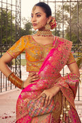 Multi color Banarasi Silk Bridal Lehenga with Rani Pink Dupatta, Zari & Mirror Work VA