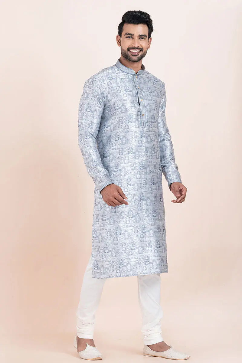 Multi-color & White  Jacquard Silk Printed Kurta Pajama Set - Traditional Wear RTI