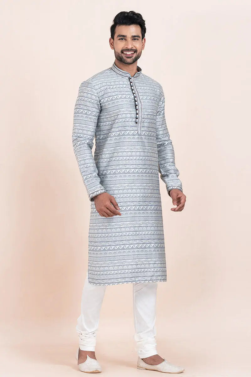 Multi-color & White  Jacquard Silk Printed Kurta Pajama Set - Traditional Wear RTI