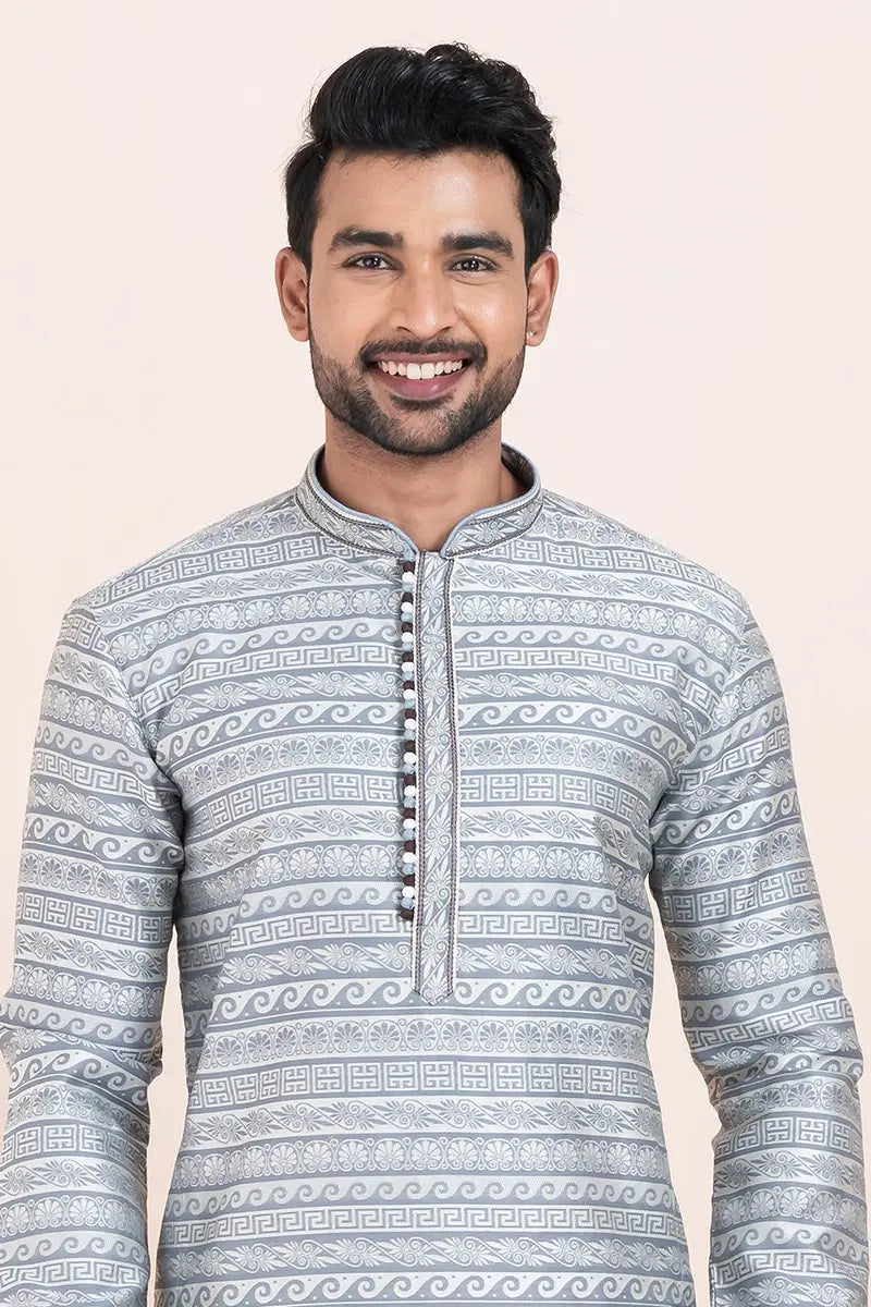 Multi-color & White Jacquard Silk Printed Kurta Pajama Set - Traditional Wear RTI