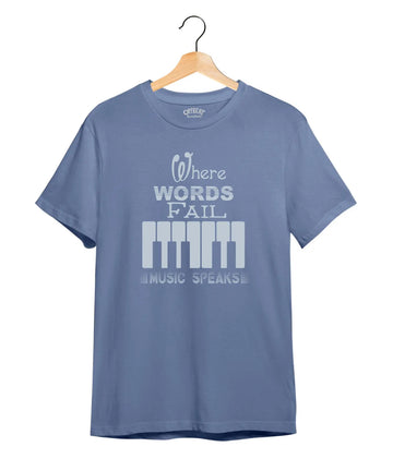 "Music Speaks" Printed T-Shirt – Premium Round Neck - Pigeon Blue - 100% Cotton Offbeat
