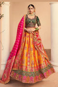 Mustard Banarasi Silk Bridal Lehenga with Rani Pink Dupatta, Zari & Mirror Work VA
