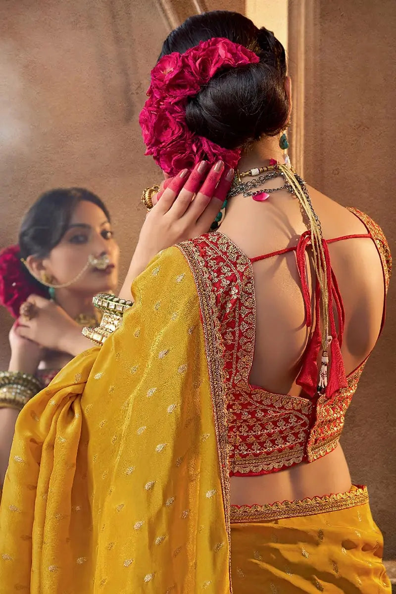 Mustard Handwoven Banarasi Saree with Red Embroidered Blouse VA