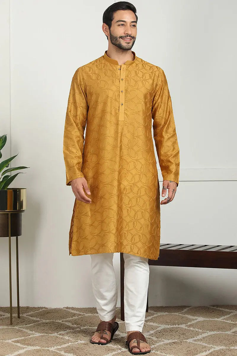 Mustard Jacquard Kurta for Men – Festive & Formal Wear KSF