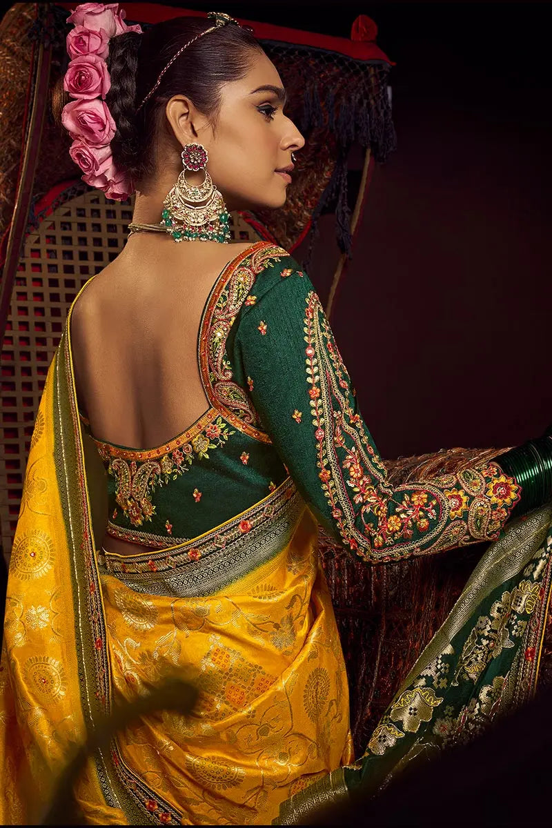 Mustard Patola Banarasi Saree with Golden Zari Weave – Bridal & Festive Wear VA