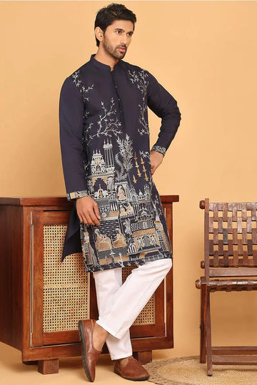 Navy Blue Cotton Silk Embroidered Kurta Pajama Set - Traditional Wear VA