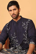 Navy Blue Cotton Silk Embroidered Kurta Pajama Set - Traditional Wear VA
