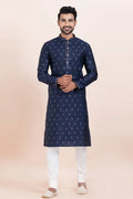 Navy Blue & White Cotton Jacquard Printed Kurta Pajama Set - Traditional Wear RTI