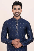Navy Blue & White Cotton Jacquard Printed Kurta Pajama Set - Traditional Wear RTI