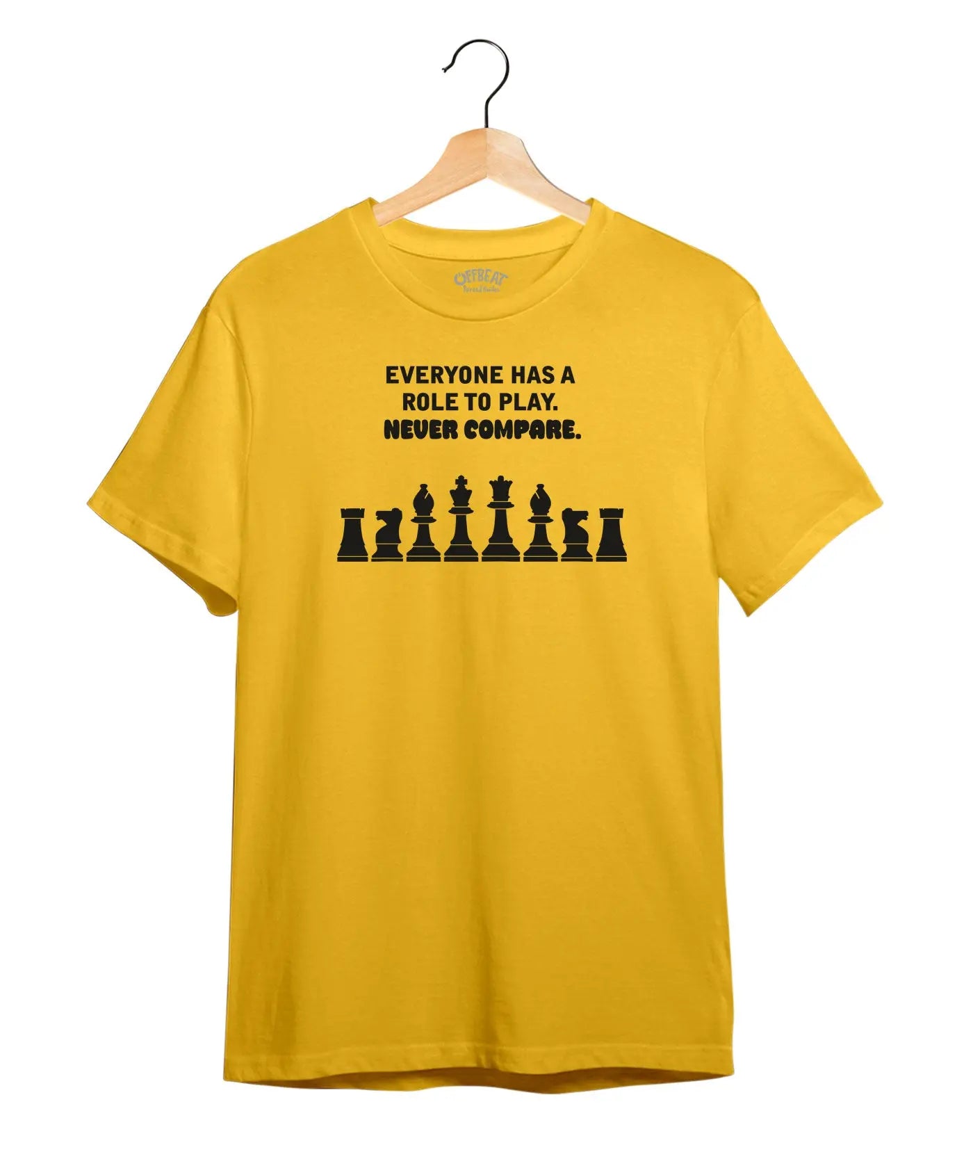 "Never Compare" Printed T-Shirt – Premium Round Neck - Black and Sunflower Yellow - 100% Cotton Offbeat