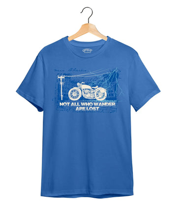 "Not All Who Wander" Printed T-Shirt – Premium Round Neck - Electric Blue - 100% Cotton Offbeat