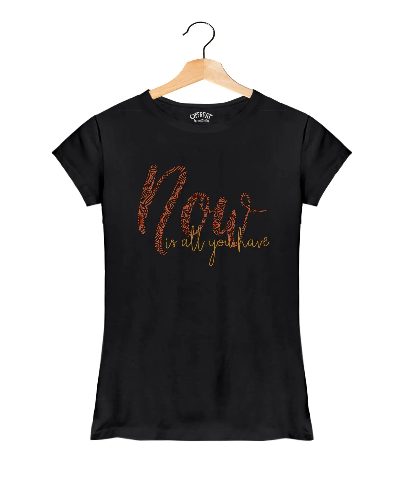 "Now" - Women’s T-Shirt – Premium Round Neck - Black - 100% Cotton Offbeat