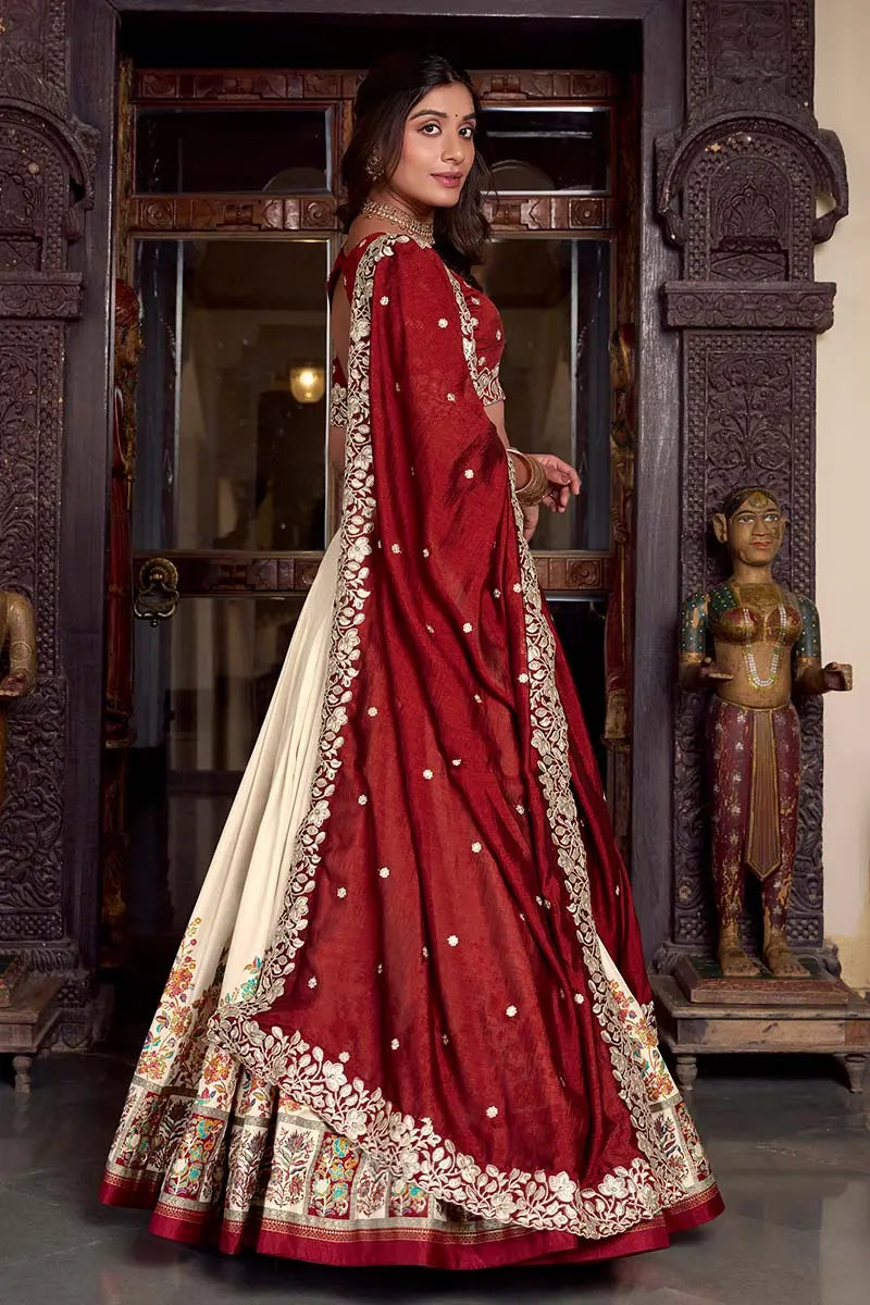 Off White & Maroon Embroidered Silk Lehenga Set with Zari Detailing RTI