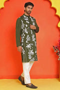 Olive Cotton Silk Sequins Embroidered Designer Kurta Pajama Set - Function Wear VA