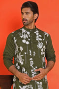 Olive Cotton Silk Sequins Embroidered Designer Kurta Pajama Set - Function Wear VA