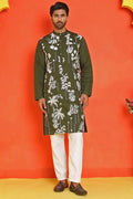 Olive Cotton Silk Sequins Embroidered Designer Kurta Pajama Set - Function Wear VA