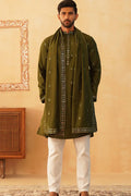 Olive Cotton Silk Sequins Embroidered Kurta Pajama Dupatta Set - Traditional Wear VA