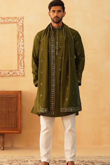 Olive Cotton Silk Sequins Embroidered Kurta Pajama Dupatta Set - Traditional Wear VA