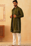 Olive Cotton Silk Sequins Embroidered Kurta Pajama Dupatta Set - Traditional Wear VA