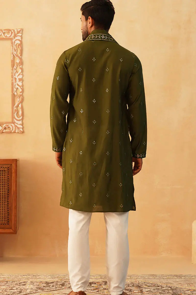 Olive Cotton Silk Sequins Embroidered Kurta Pajama Dupatta Set - Traditional Wear VA
