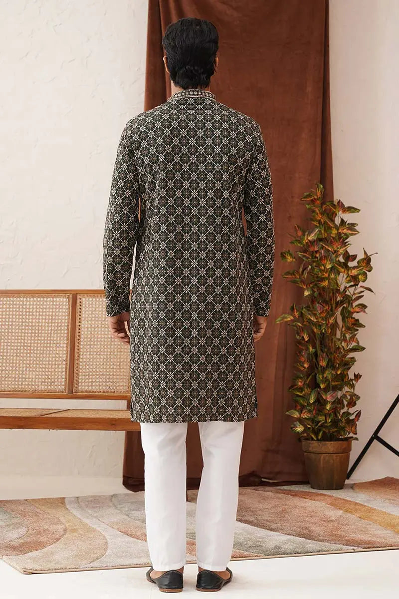 Olive Viscose Rayon Embroidered Designer Kurta Pajama Set - Traditional Wear VA