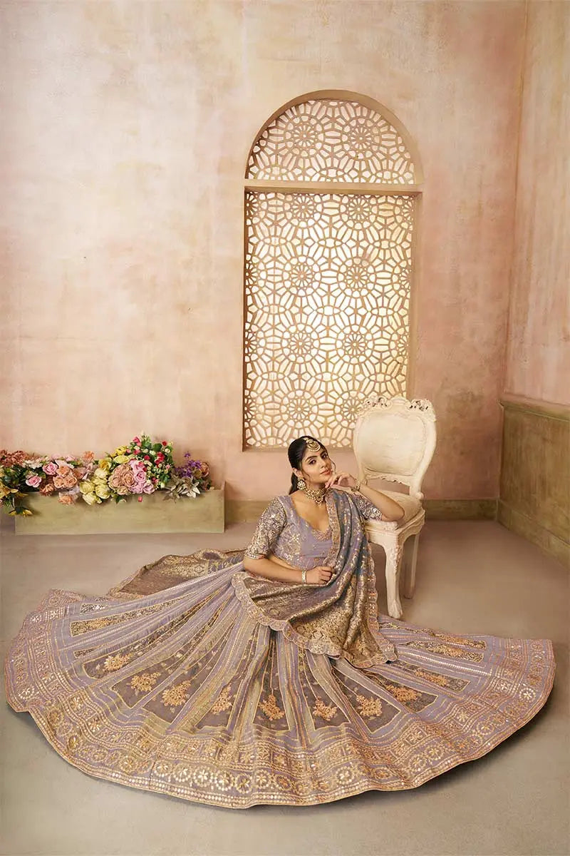 Onion Color Brocade bridal Lehenga with Banarasi Patches & Zari Panel Work KSR