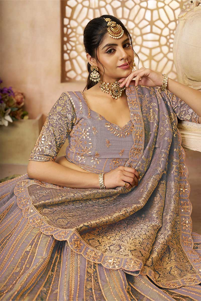 Onion Color Brocade bridal Lehenga with Banarasi Patches & Zari Panel Work KSR