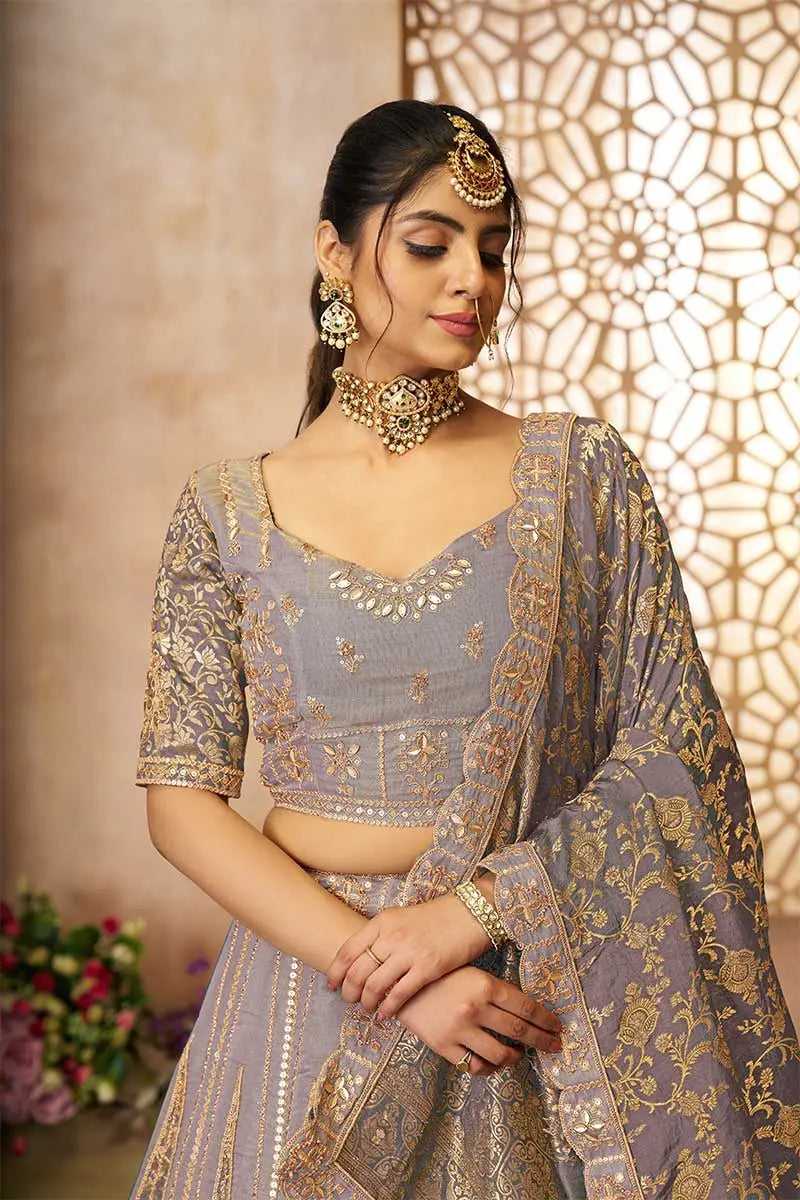 Onion Color Brocade bridal Lehenga with Banarasi Patches & Zari Panel Work KSR