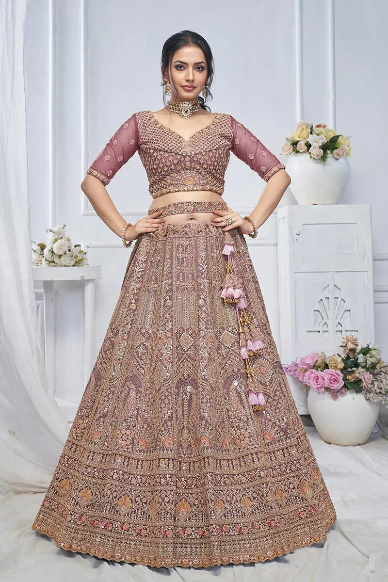 Onion Pink Heavy Embroidered Bridal Lehenga with Mirror & Zari Detailing KSR