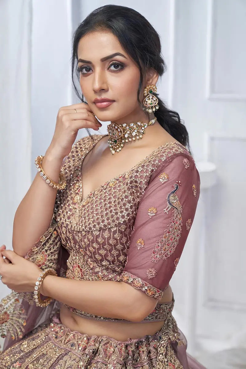 Onion Pink Heavy Embroidered Bridal Lehenga with Mirror & Zari Detailing KSR