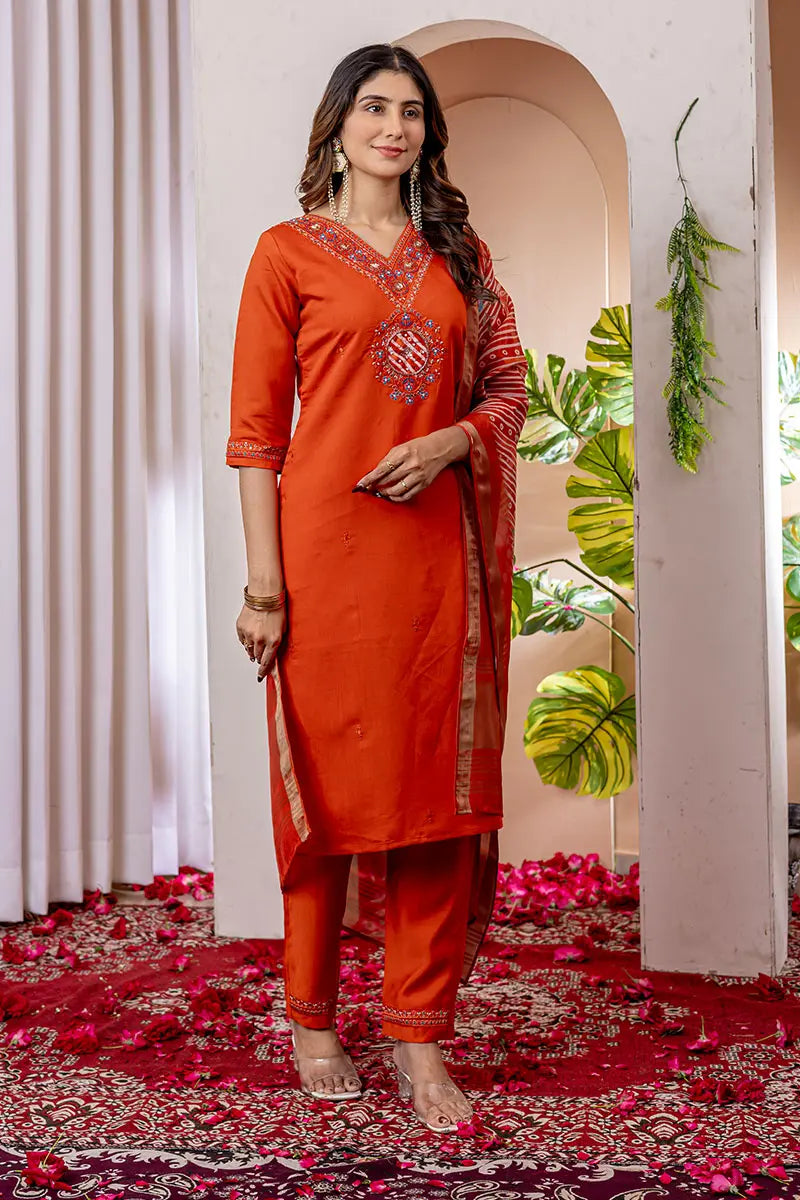 Orange Emerald Elegance Embroidered Suit with Floral Dupatta PR