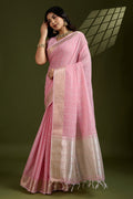 Delicate Gajari Linen Saree with Subtle Grid & Gold Border PR