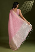 Delicate Gajari Linen Saree with Subtle Grid & Gold Border PR
