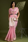 Delicate Gajari Linen Saree with Subtle Grid & Gold Border PR