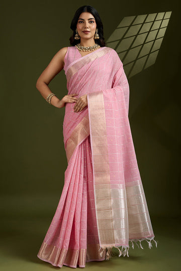 Delicate Gajari Linen Saree with Subtle Grid & Gold Border PR