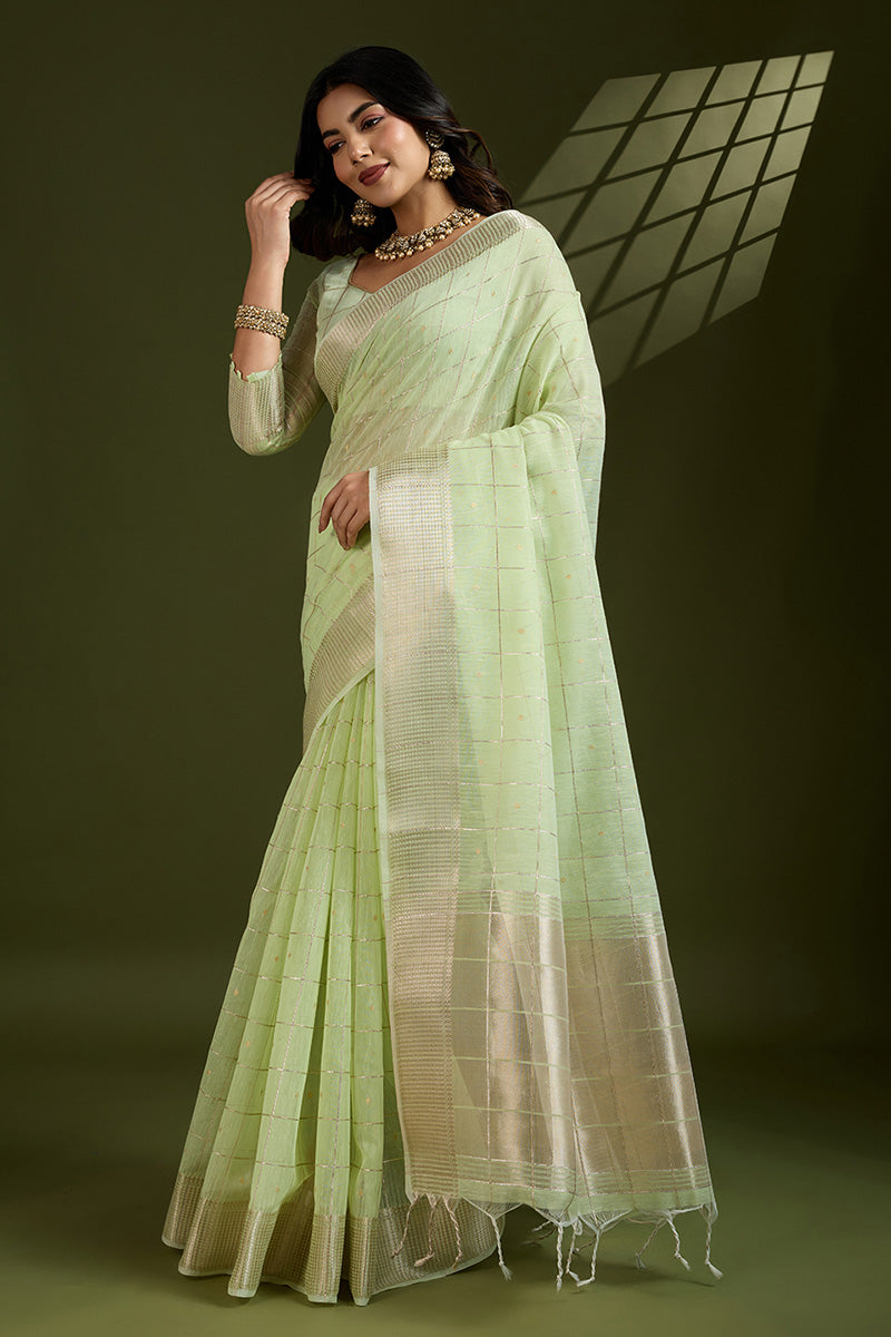 Delicate Pista Green Soft Silk Light Weight Saree Golden Border PR